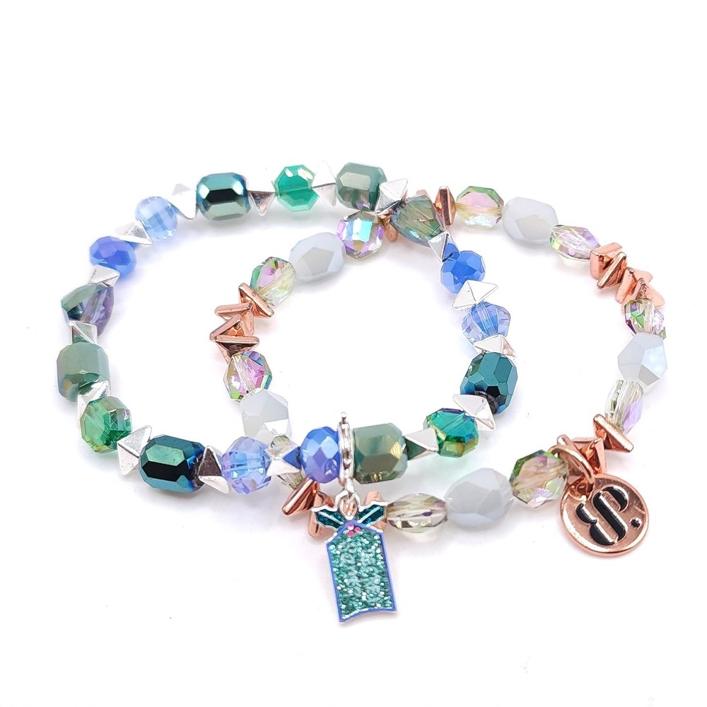 Bomb Party Bracelet Set Stretch Glass Beads Present Charm Blue Green Rose Gold